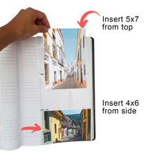 Load image into Gallery viewer, A 5x7 inch photo being inserted vertically and a 4x6 inch photo inserted horizontally.
