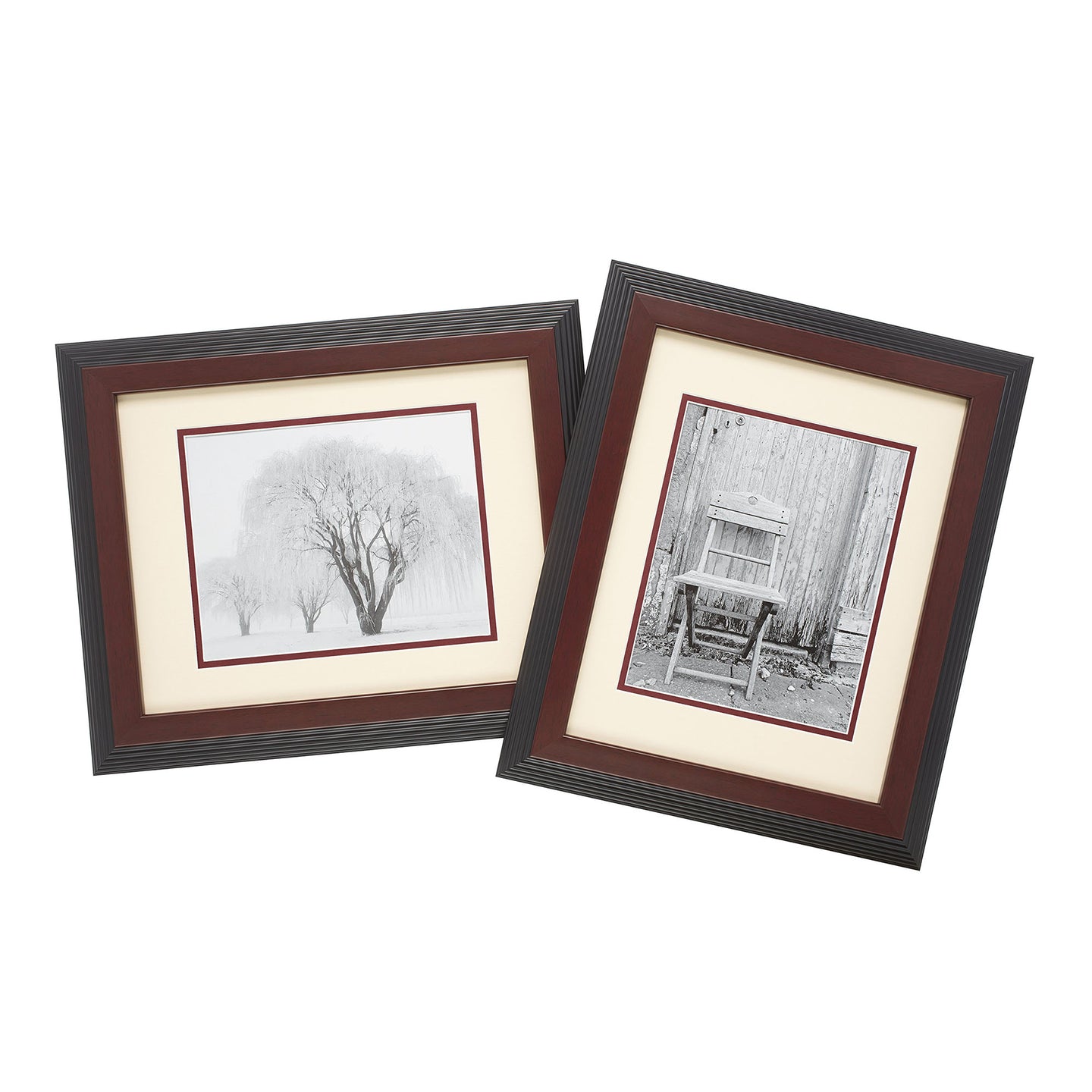 Set of walnut style frames with stepped border and cream matting.