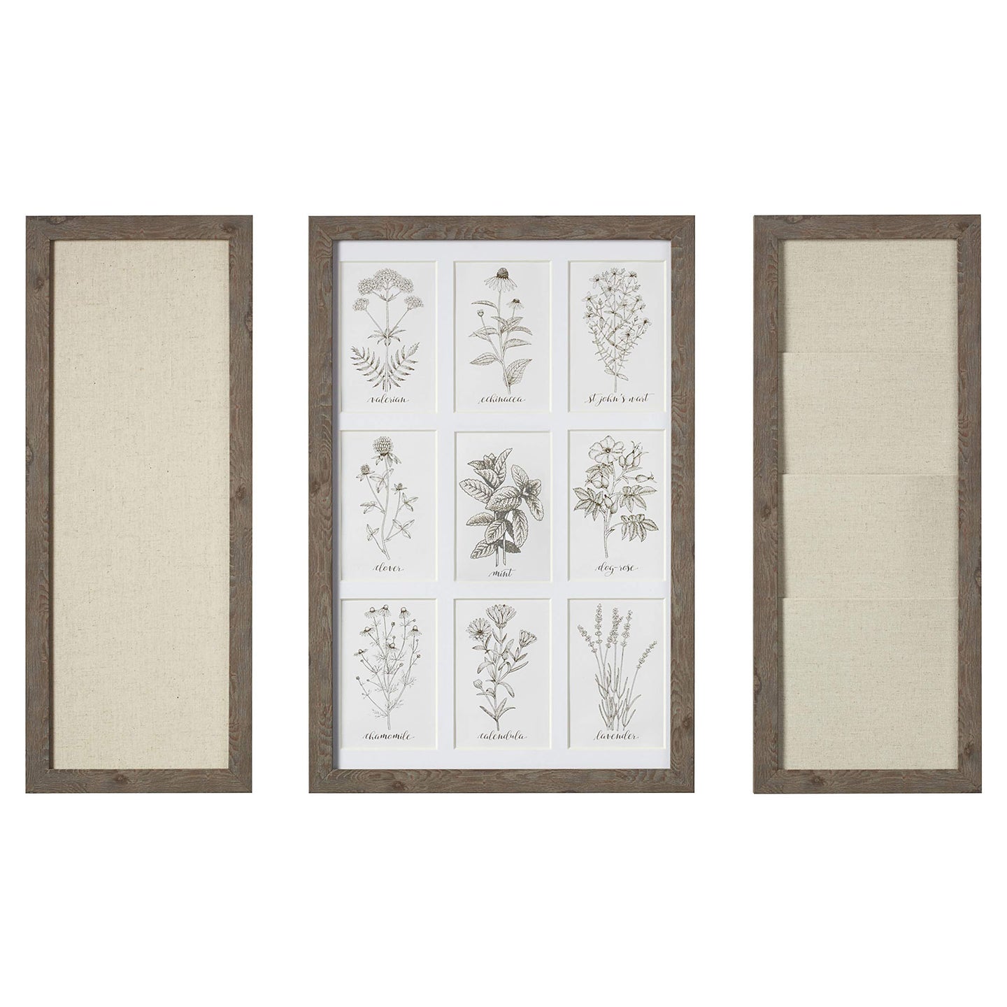 3-piece board set arranged with pin board on left, frame board in the center and the pocket board on the right.