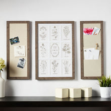 Load image into Gallery viewer, 3-piece board set on a wall over an entry table with photos pinned on pin board and mail in pocket board.
