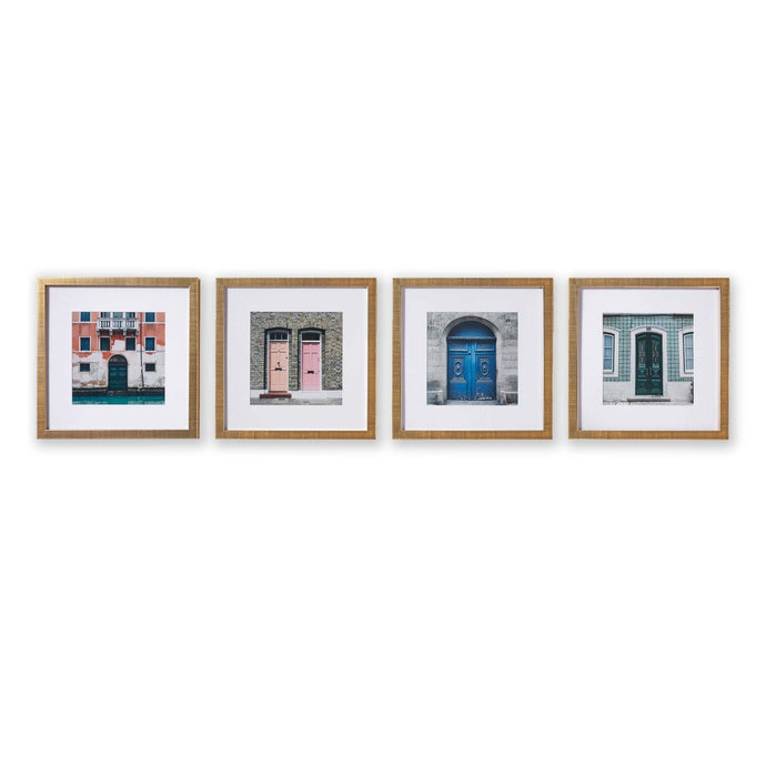 Set of 4 textured gold frames with matting in horizontal arrangement.