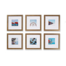 Load image into Gallery viewer, Set of 6 square, textured gold frames with white matting.
