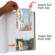 Load image into Gallery viewer, A 5x7 inch photo being inserted vertically and a 4x6 inch photo inserted horizontally.

