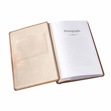 Load image into Gallery viewer, Open album showing faux suede lining and first page title Photographs with lines underneath for notes.

