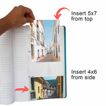 Load image into Gallery viewer, A 5x7 inch photo being inserted vertically and a 4x6 photo inserted horizontally.
