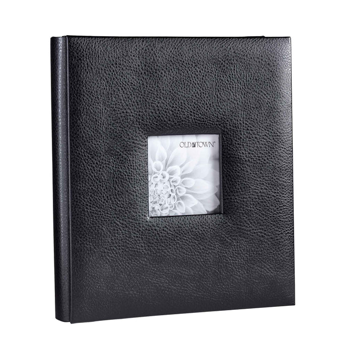 Single black leather photo album with 4x4 inch window for displaying a photo.