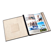 Load image into Gallery viewer, Open album displaying faux suede lining, front display pocket and first page of album with 4x6 inch photos.
