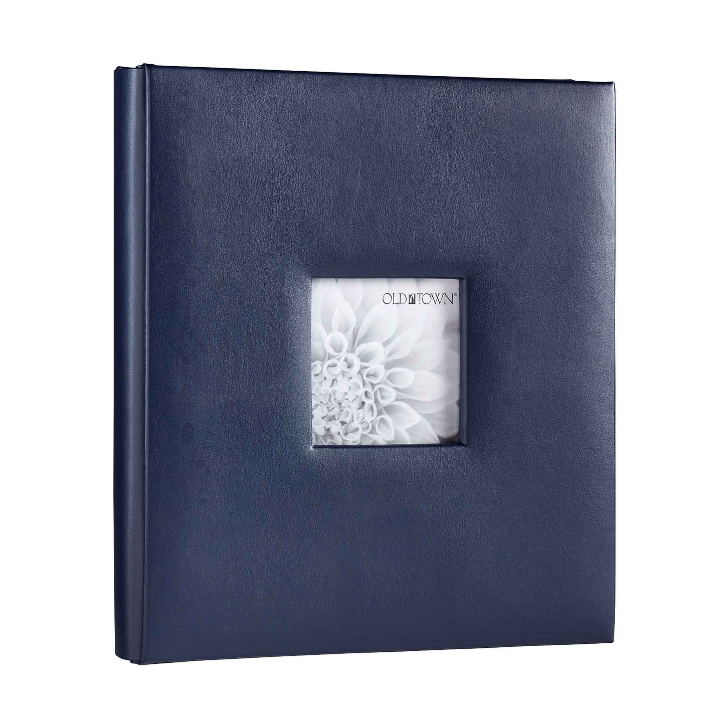 Single navy leather photo album with 4x4 inch window for displaying a photo.