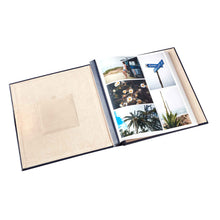 Load image into Gallery viewer, Open album displaying faux suede lining, front display pocket and first page of album with 4x6 inch photos.
