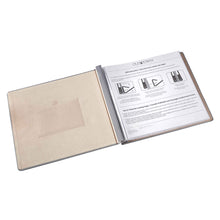 Load image into Gallery viewer, Open scrapbook displaying faux suede lining, front display pocket and first page with instructions for adding refill sheets..
