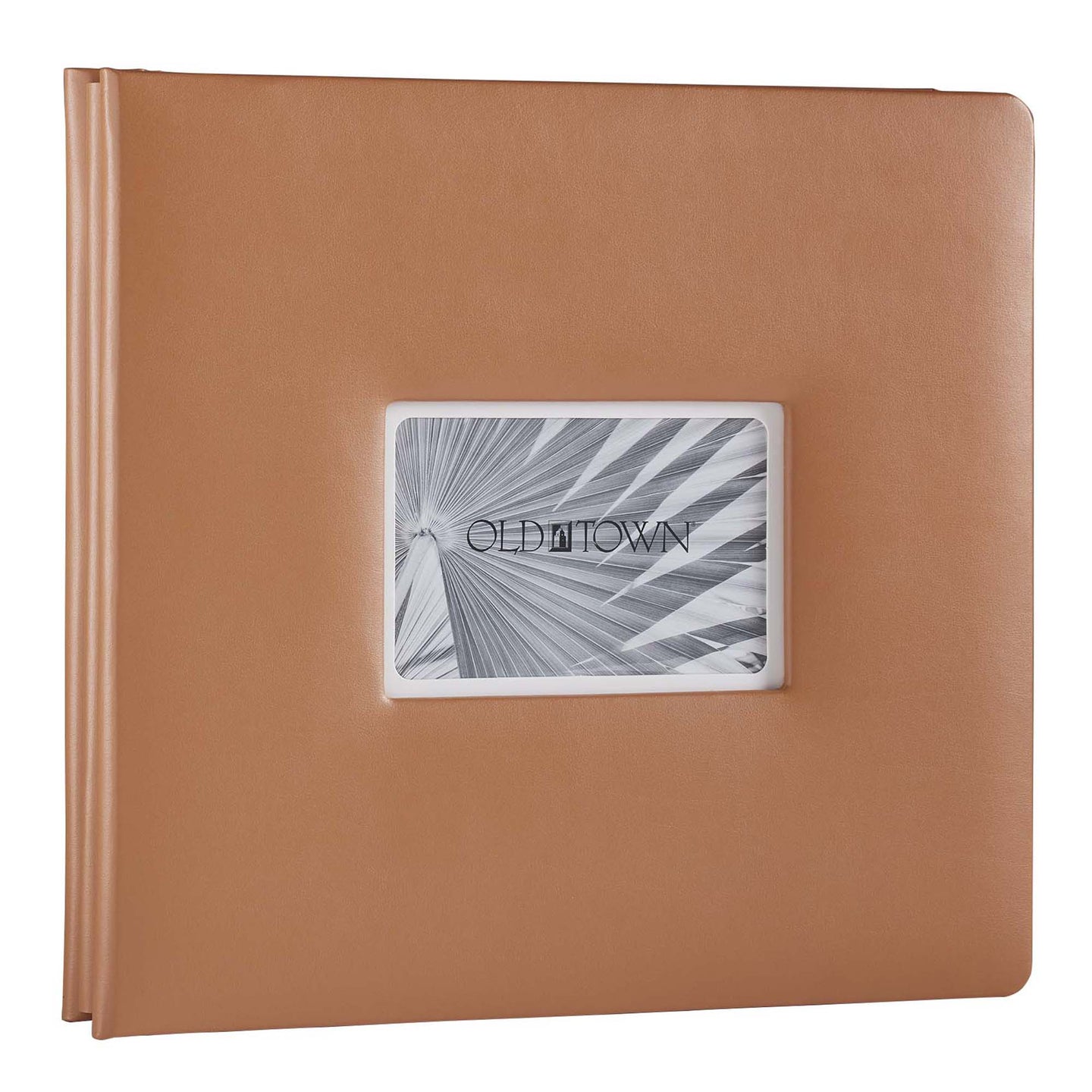 Single caramel leather scrapbook with 4x6 inch window for displaying a photo or other item.