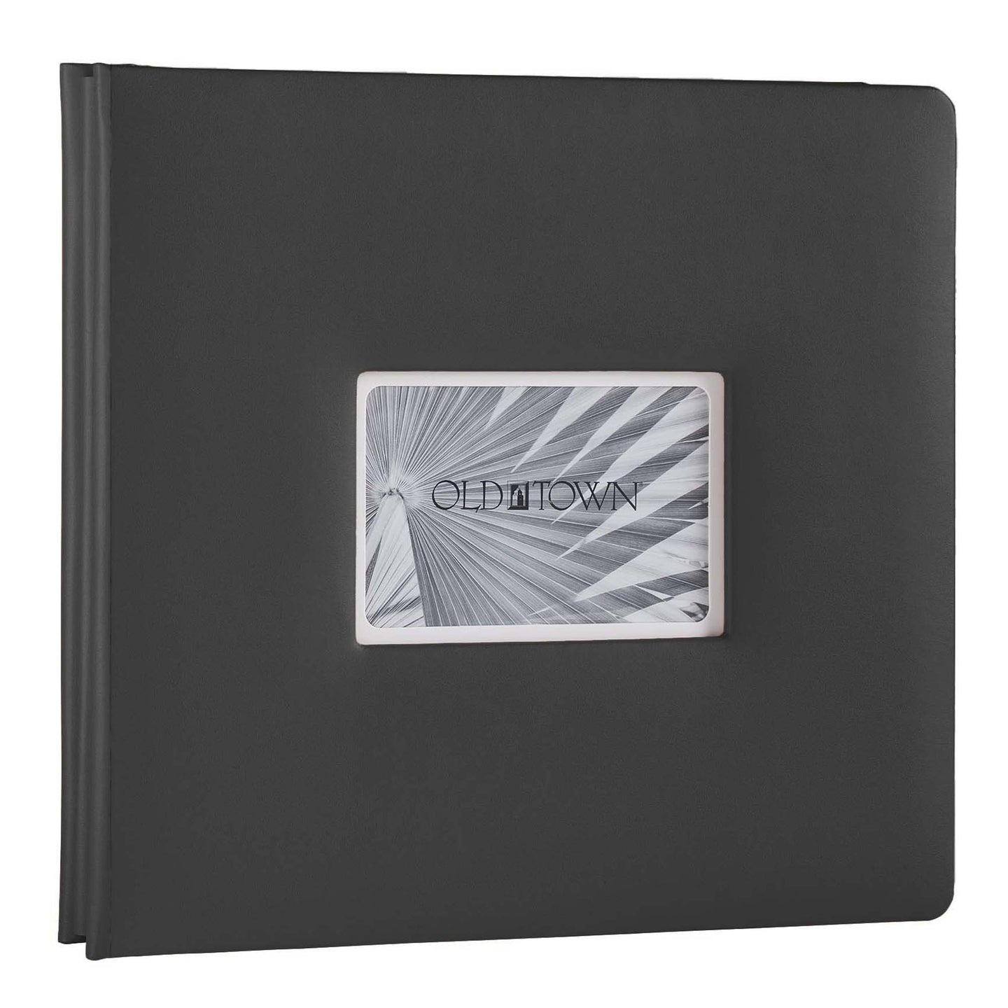 Single black leather scrapbook with 4x6 inch window for displaying a photo or other item.